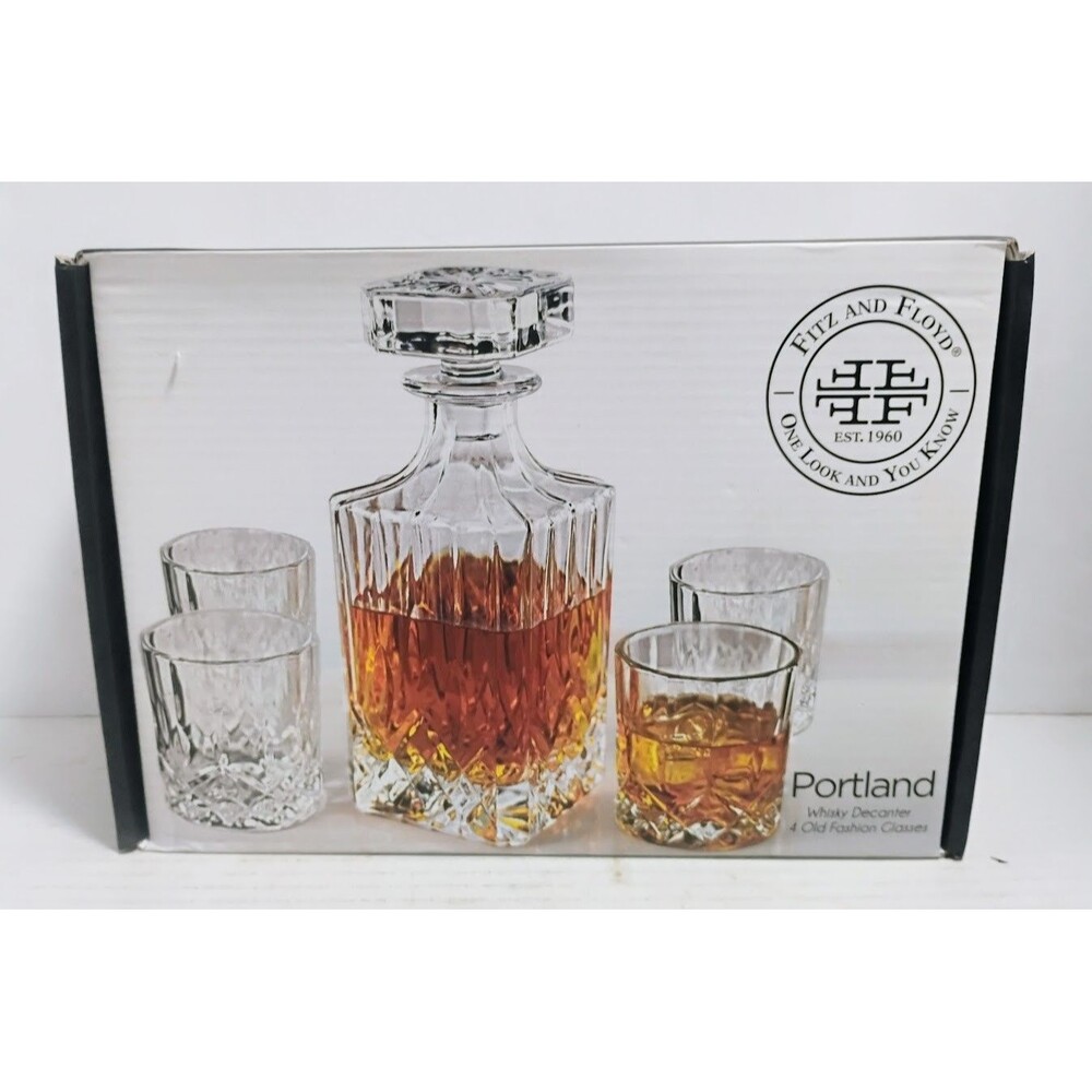 FITZ AND FLOYD PORTLAND WHISKEY DECANTER & 4 OLD FASHIONED GLASSES NEW OPEN BOX